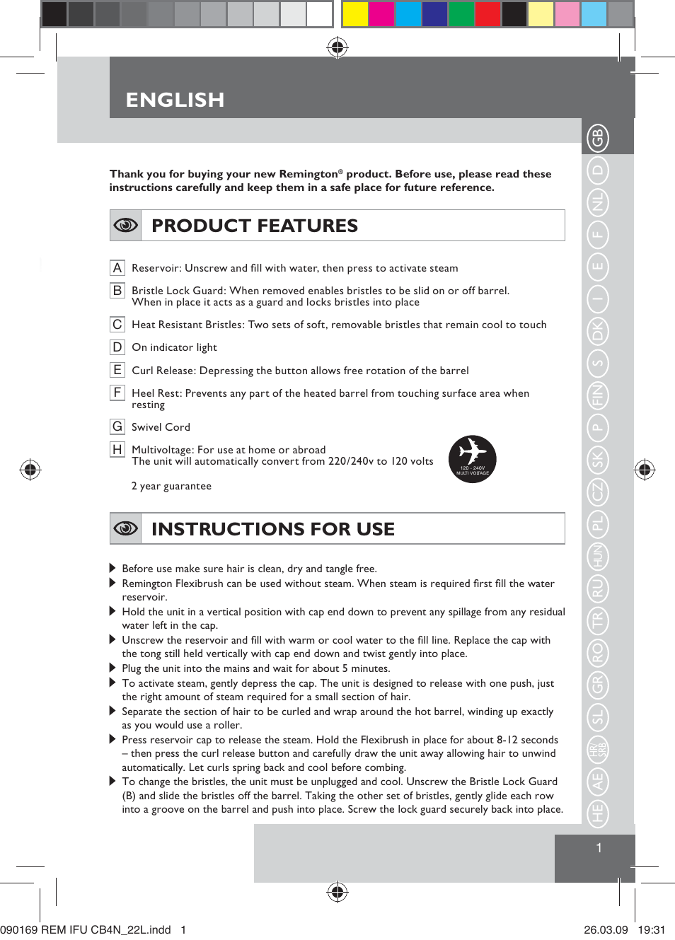 English, Product features, Instructions for use | Remington CB4N User Manual | Page 3 / 84