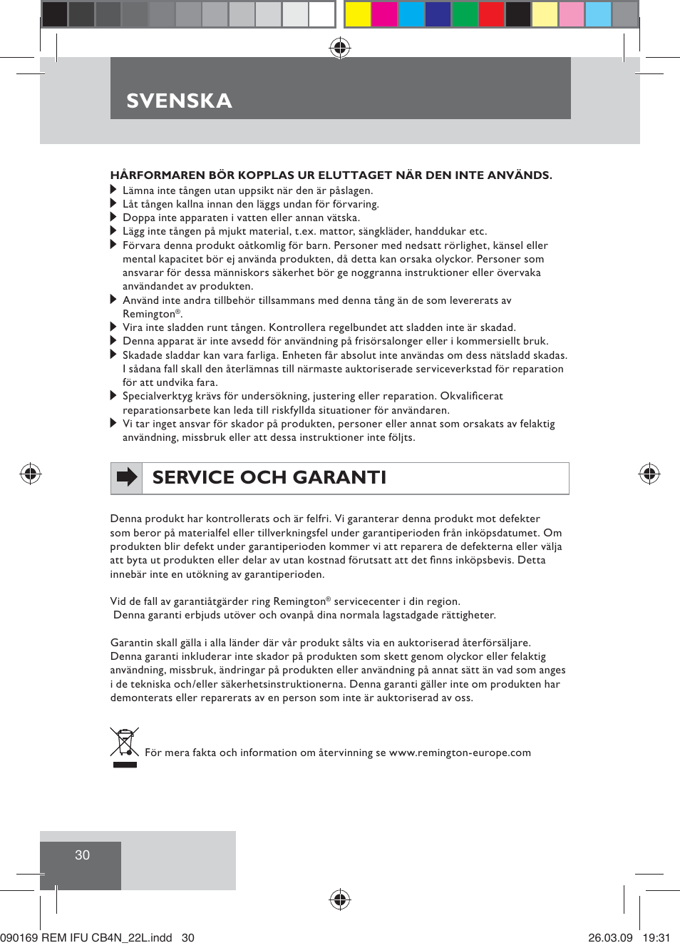 Svenska, Service och garanti | Remington CB4N User Manual | Page 32 / 84