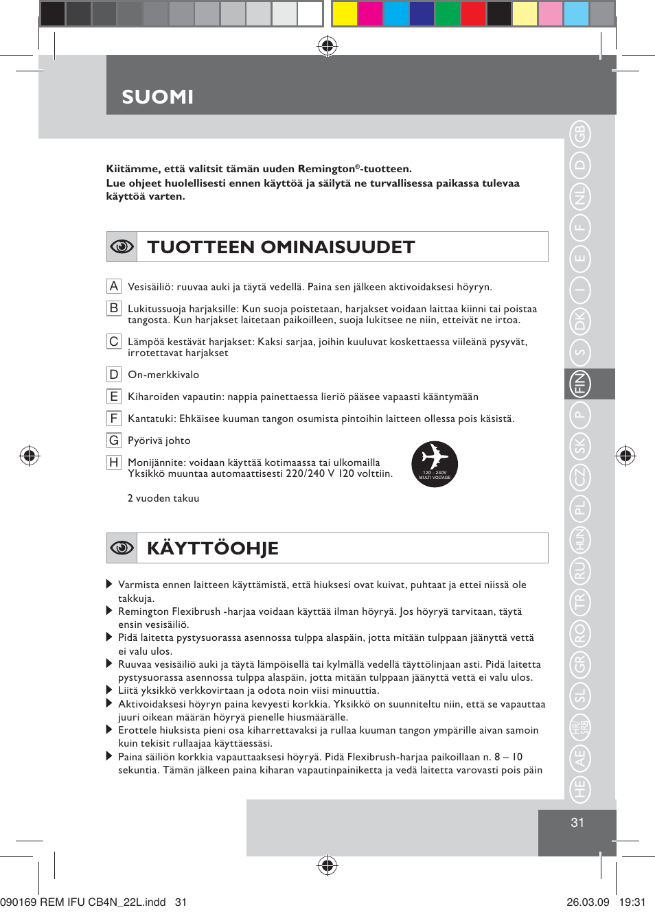 Suomi, Tuotteen ominaisuudet, Käyttöohje | Remington CB4N User Manual | Page 33 / 84