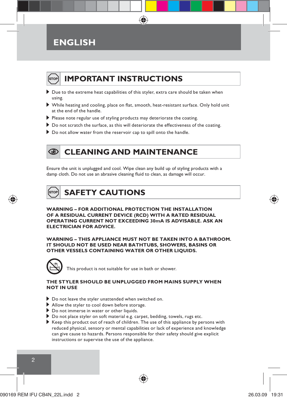 English, Important instructions, Cleaning and maintenance | Safety cautions | Remington CB4N User Manual | Page 4 / 84