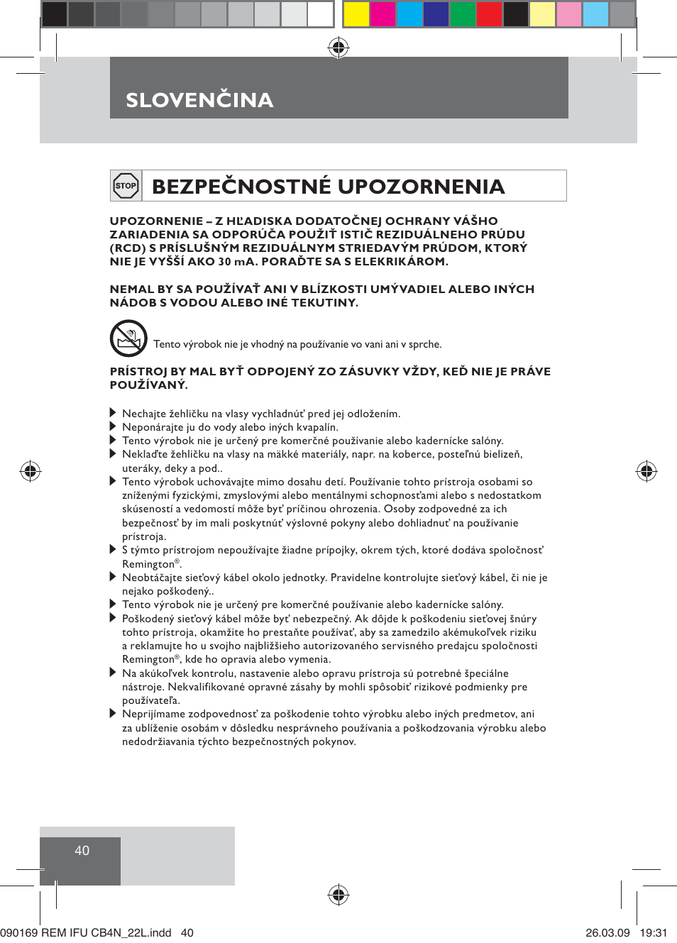 Sloven ina, Slovenčina bezpečnostné upozornenia | Remington CB4N User Manual | Page 42 / 84