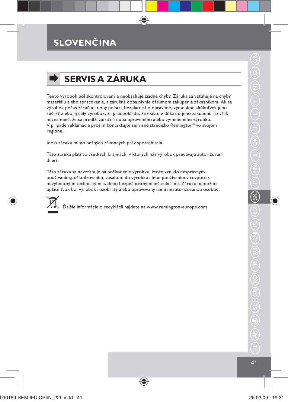 Sloven ina, Slovenčina servis a záruka | Remington CB4N User Manual | Page 43 / 84