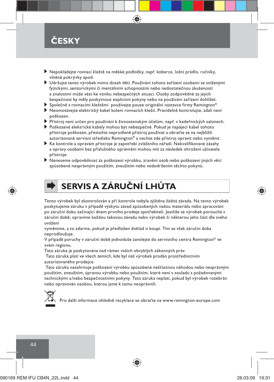 Servis a záruční lhůta, Česky | Remington CB4N User Manual | Page 46 / 84