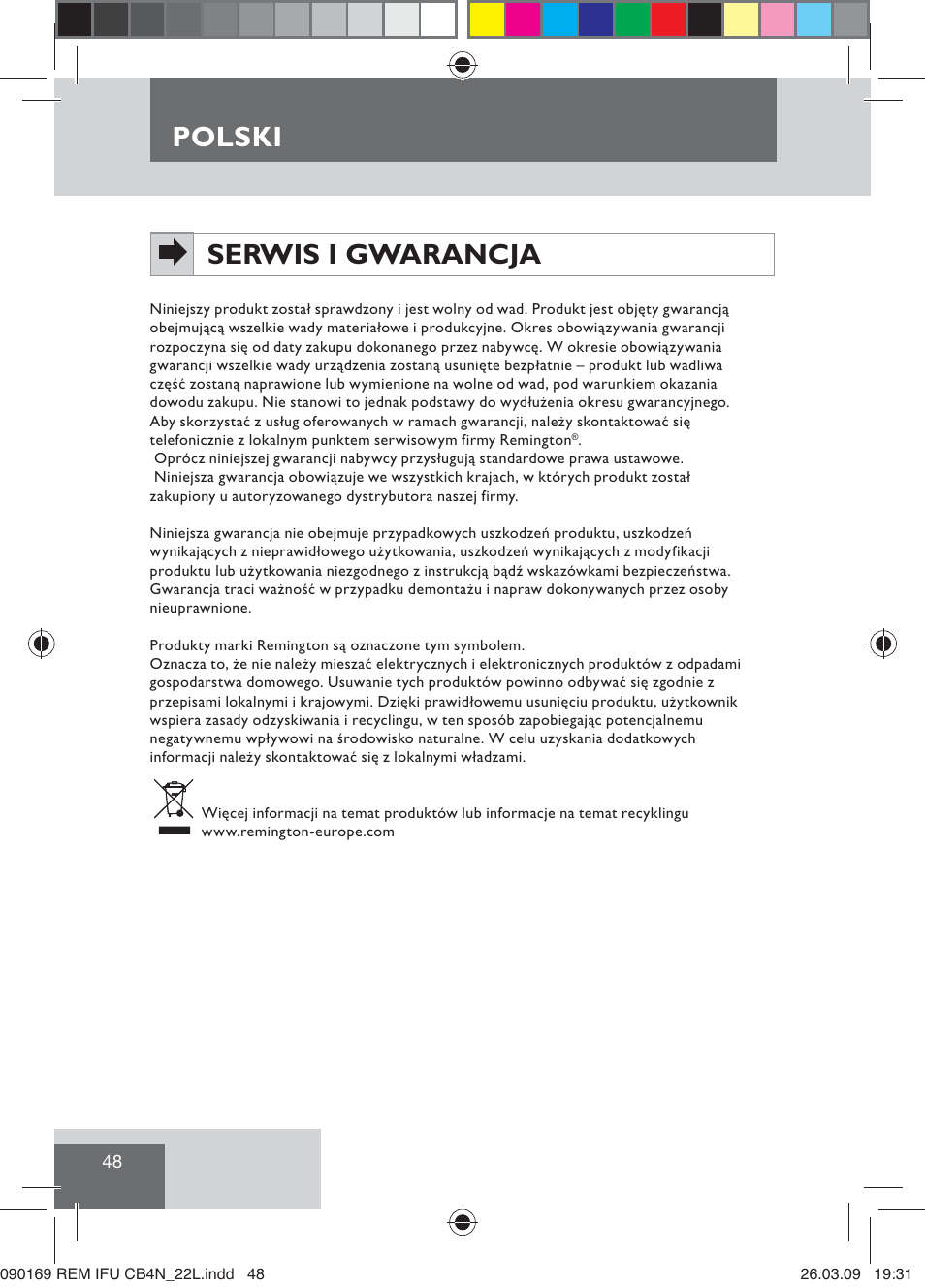 Polski, Serwis i gwarancja | Remington CB4N User Manual | Page 50 / 84