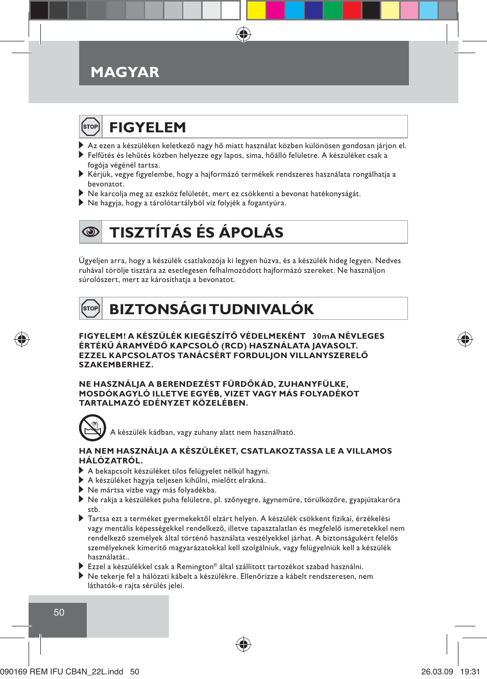 Magyar, Tisztítás és ápolás, Figyelem | Biztonsági tudnivalók | Remington CB4N User Manual | Page 52 / 84