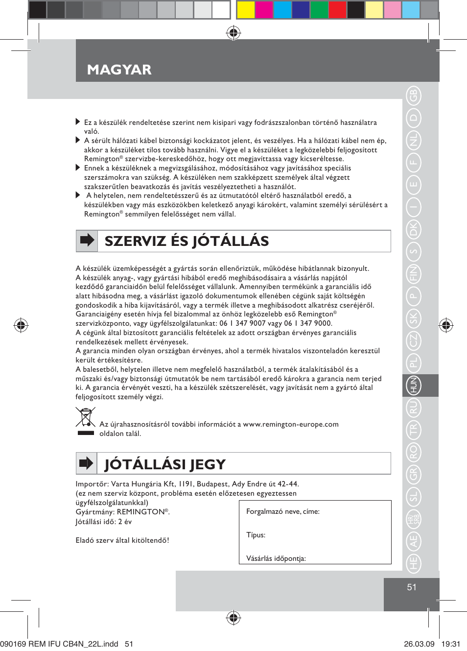 Szerviz és jótállás, Magyar jótállási jegy | Remington CB4N User Manual | Page 53 / 84