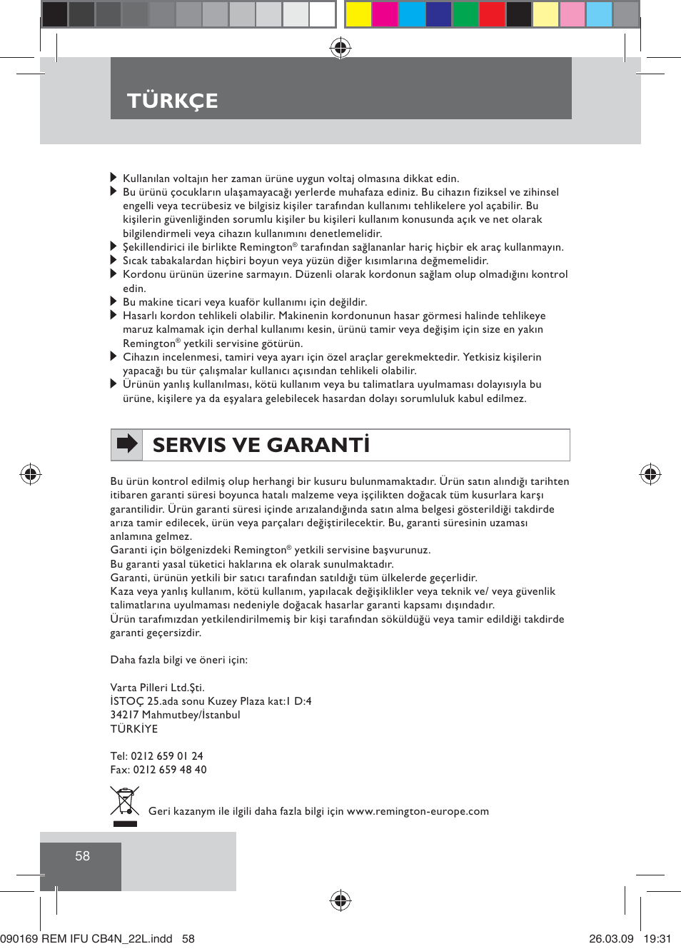Türkçe, Servis ve garanti | Remington CB4N User Manual | Page 60 / 84