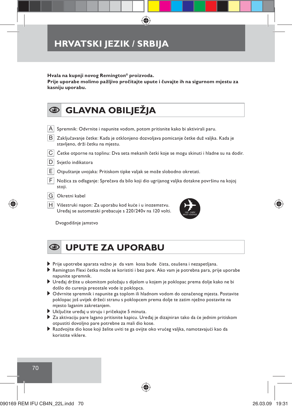 Hrvatski jezik / srbija, Glavna obilježja, Upute za uporabu | Remington CB4N User Manual | Page 72 / 84