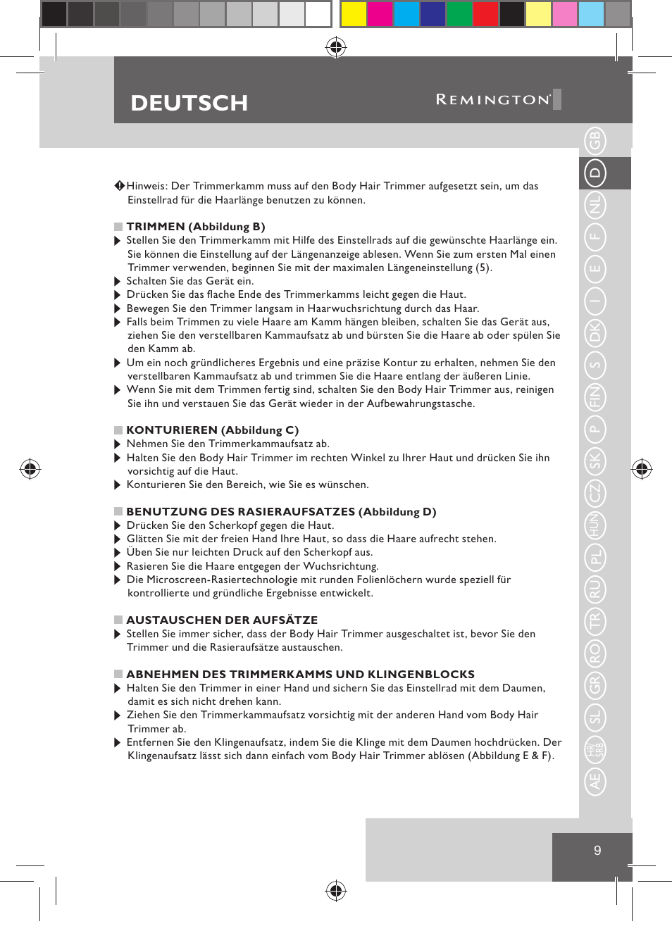 Deutsch | Remington BHT2000 User Manual | Page 11 / 127