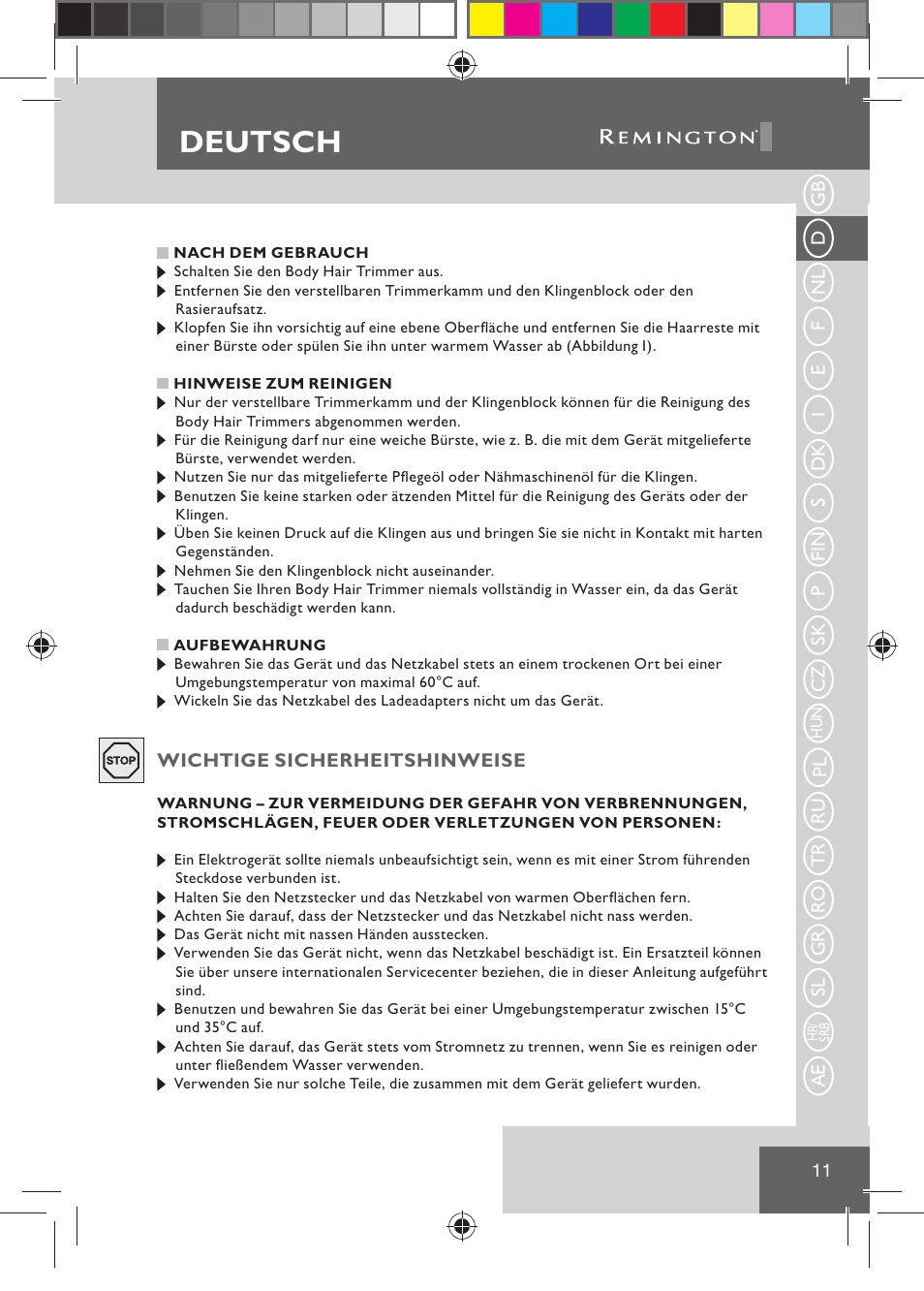 Deutsch | Remington BHT2000 User Manual | Page 13 / 127