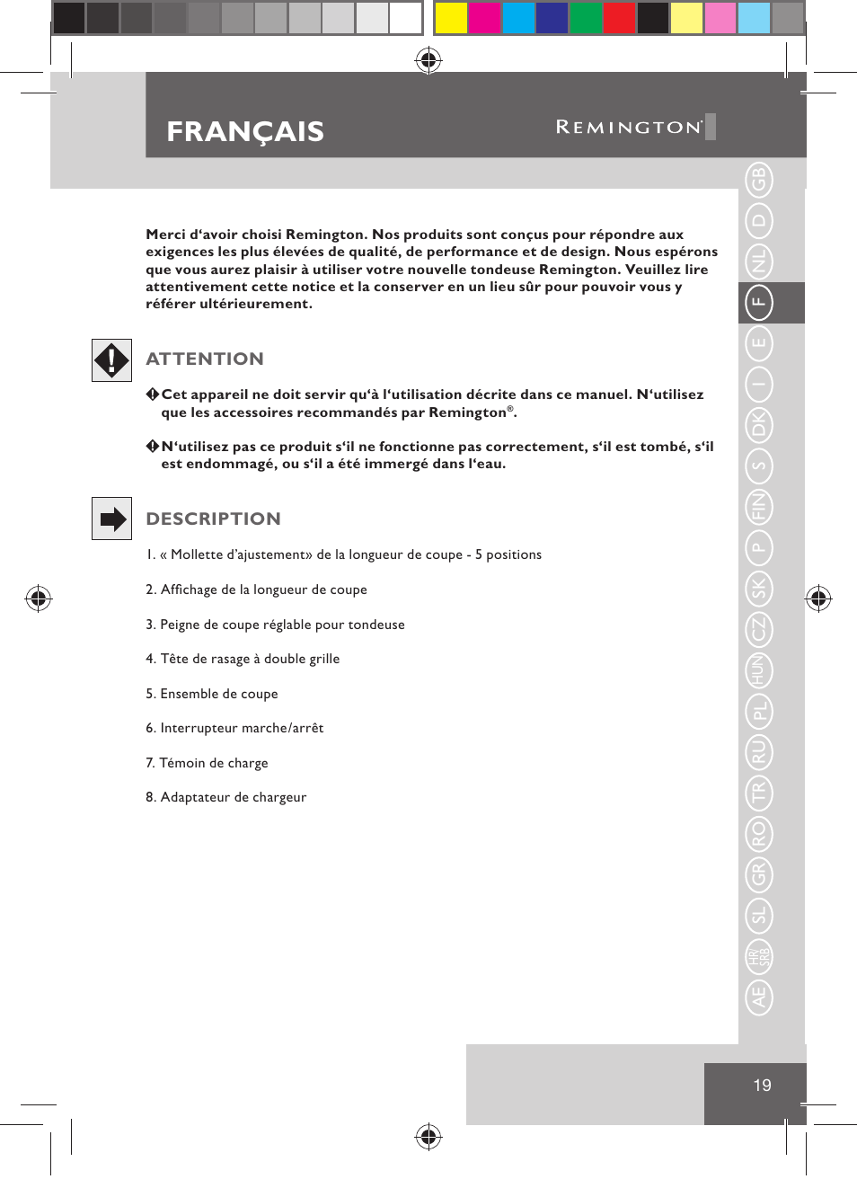 Français | Remington BHT2000 User Manual | Page 21 / 127