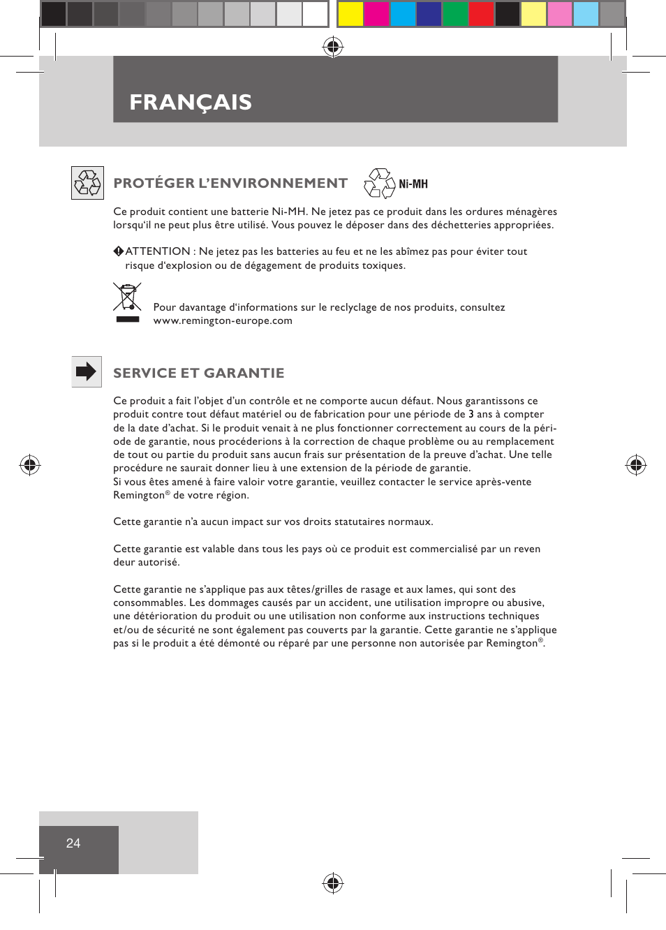Français, Protéger l’environnement, Service et garantie | Remington BHT2000 User Manual | Page 26 / 127