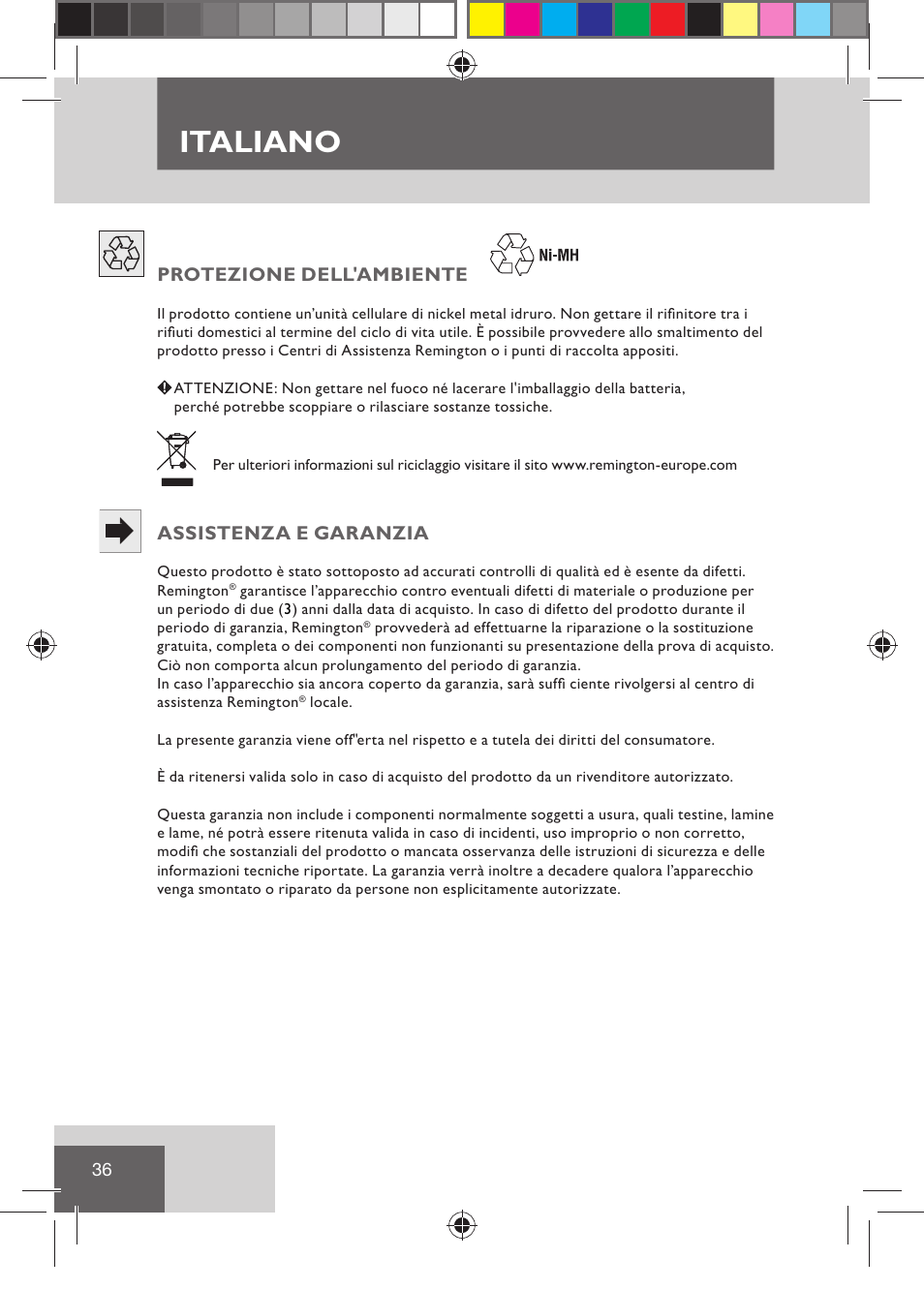 Italiano, Protezione dell'ambiente, Assistenza e garanzia | Remington BHT2000 User Manual | Page 38 / 127
