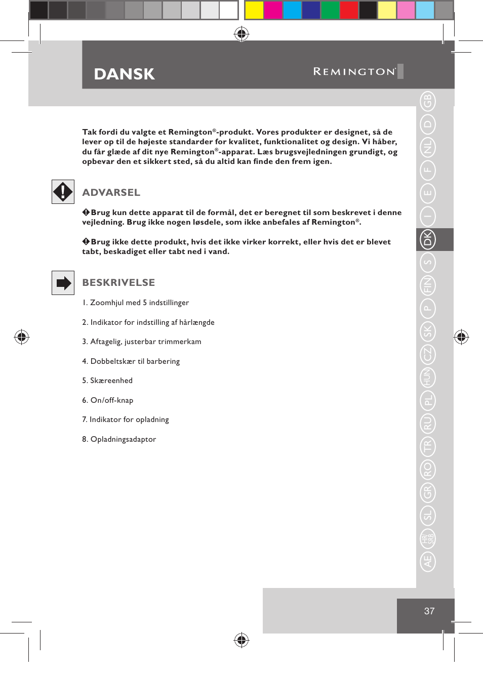 Dansk | Remington BHT2000 User Manual | Page 39 / 127