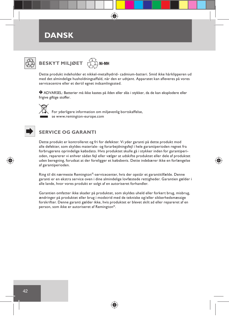 Dansk | Remington BHT2000 User Manual | Page 44 / 127