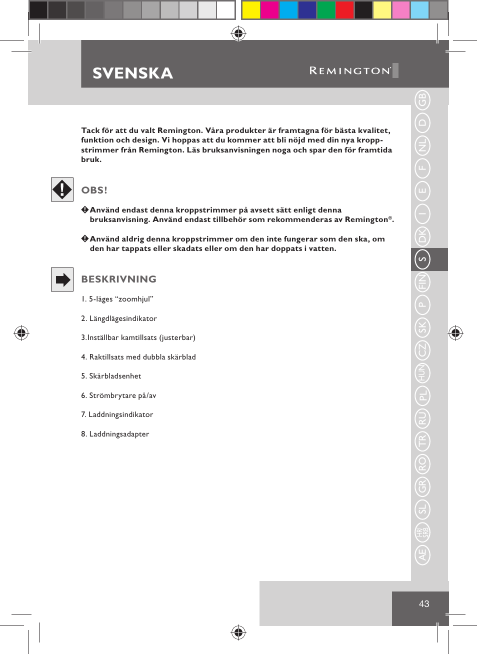 Svenska | Remington BHT2000 User Manual | Page 45 / 127
