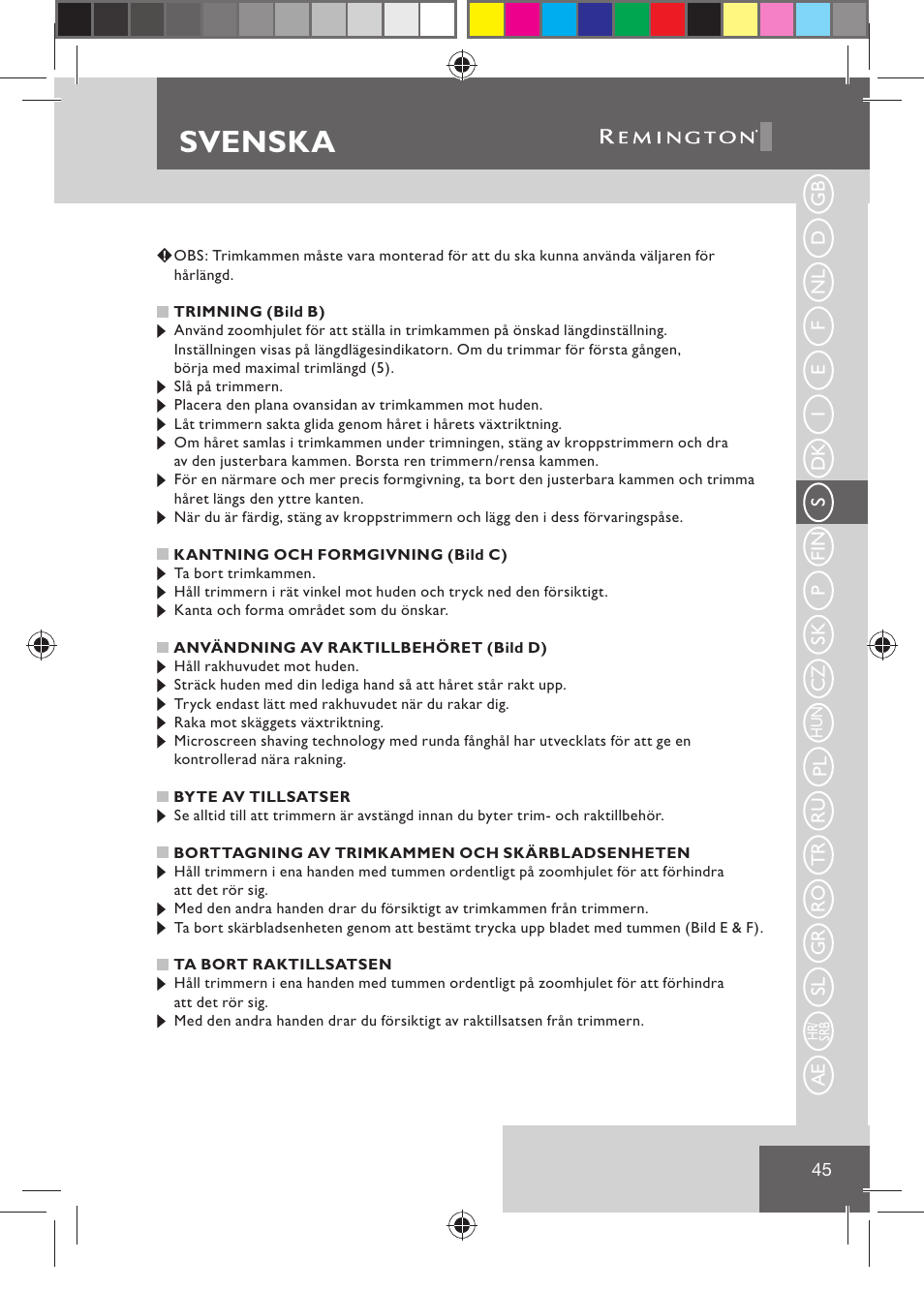 Svenska | Remington BHT2000 User Manual | Page 47 / 127