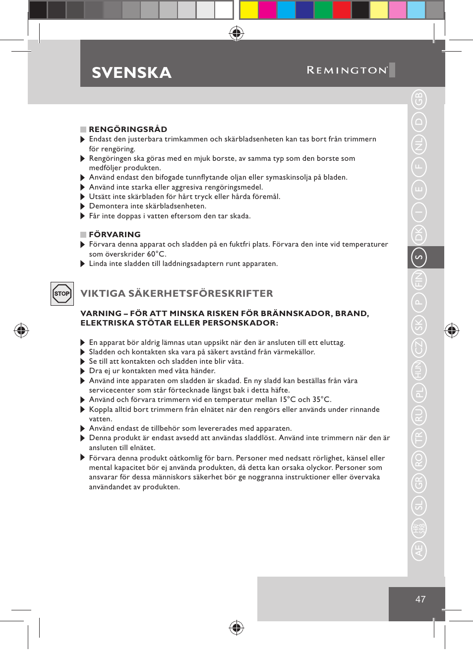 Svenska | Remington BHT2000 User Manual | Page 49 / 127