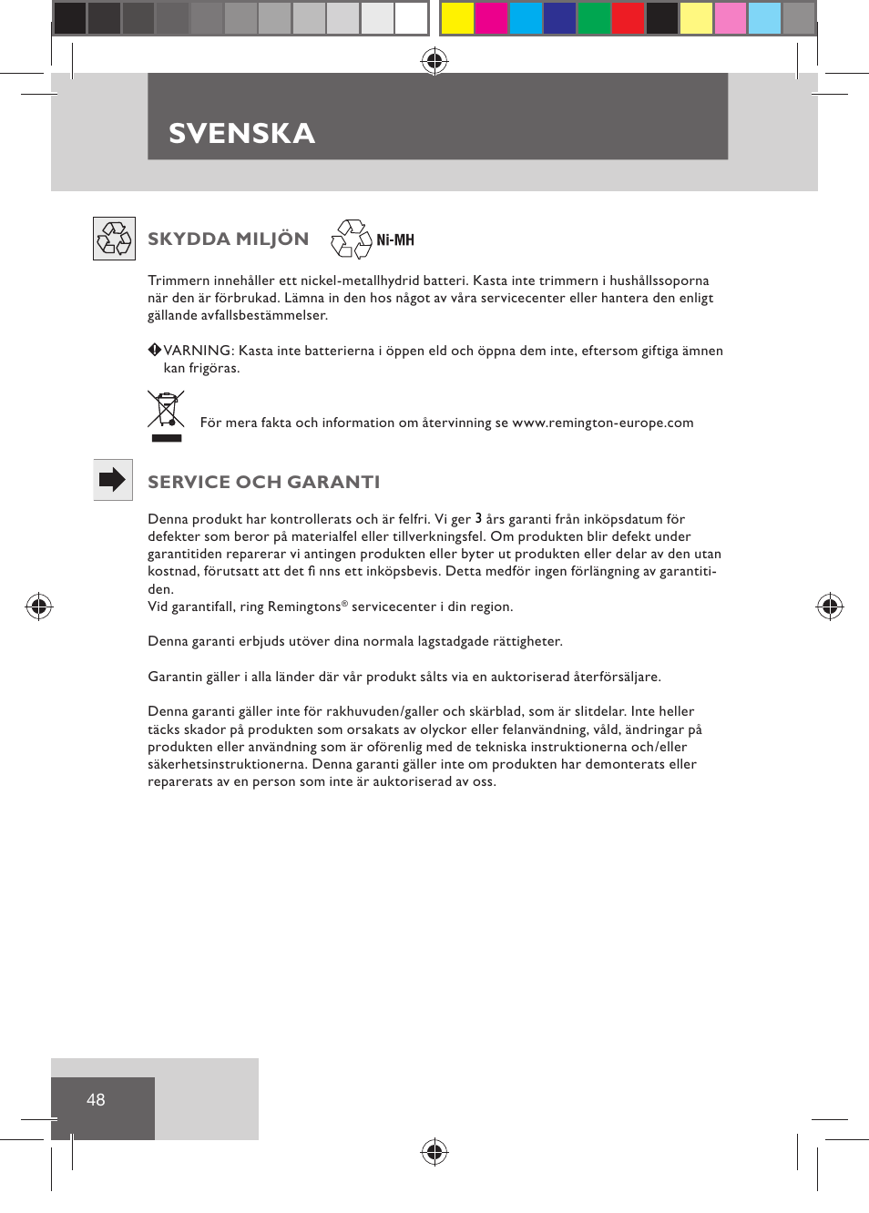 Svenska | Remington BHT2000 User Manual | Page 50 / 127
