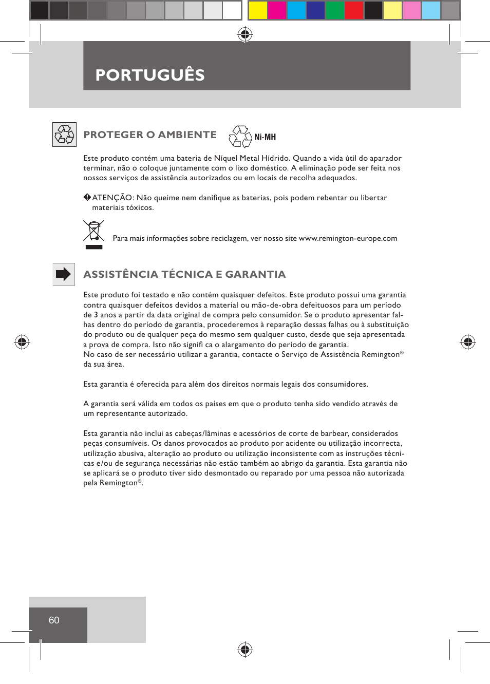 Português | Remington BHT2000 User Manual | Page 62 / 127