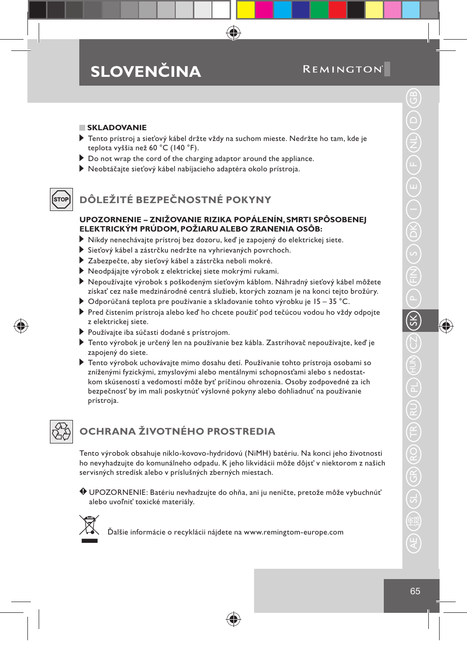 Slovenčina | Remington BHT2000 User Manual | Page 67 / 127