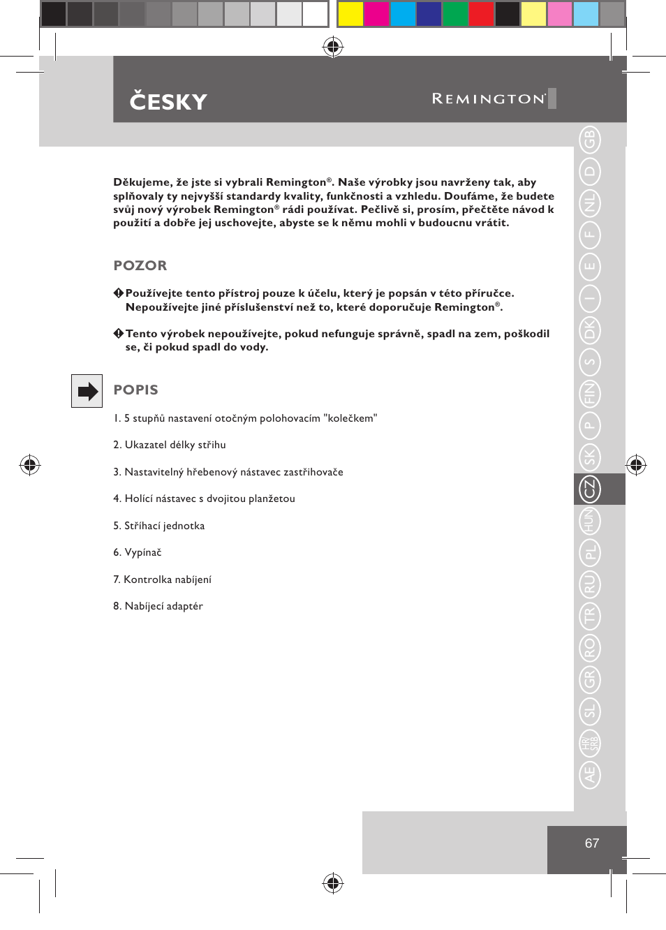 Česky | Remington BHT2000 User Manual | Page 69 / 127