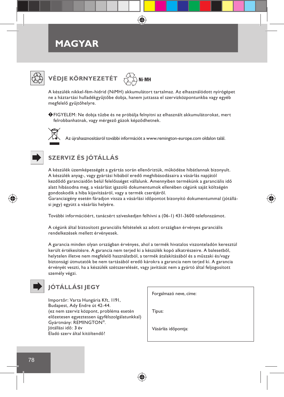 Magyar | Remington BHT2000 User Manual | Page 80 / 127