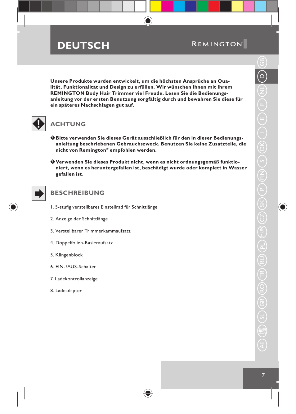 Deutsch | Remington BHT2000 User Manual | Page 9 / 127