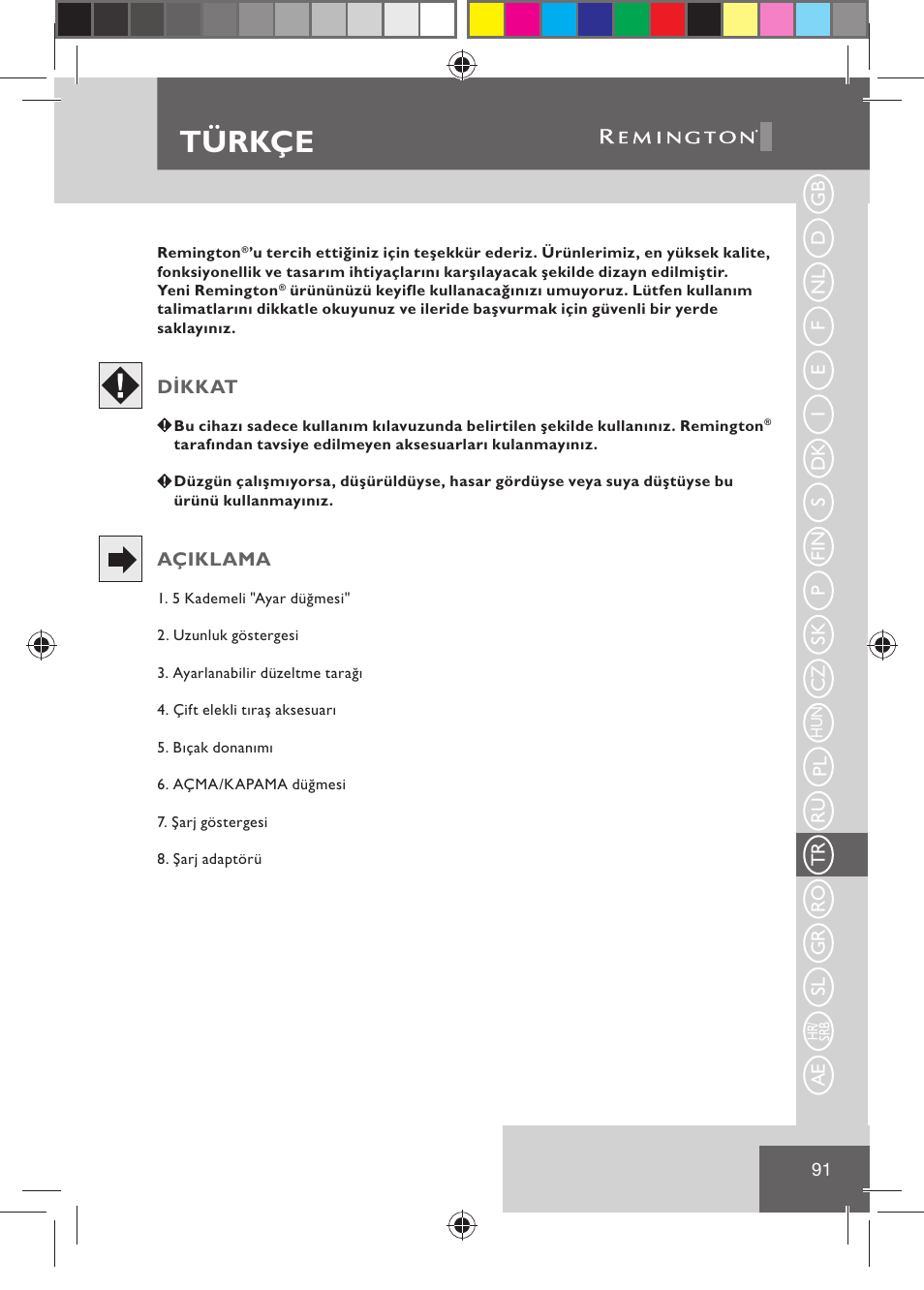 Türkçe | Remington BHT2000 User Manual | Page 93 / 127