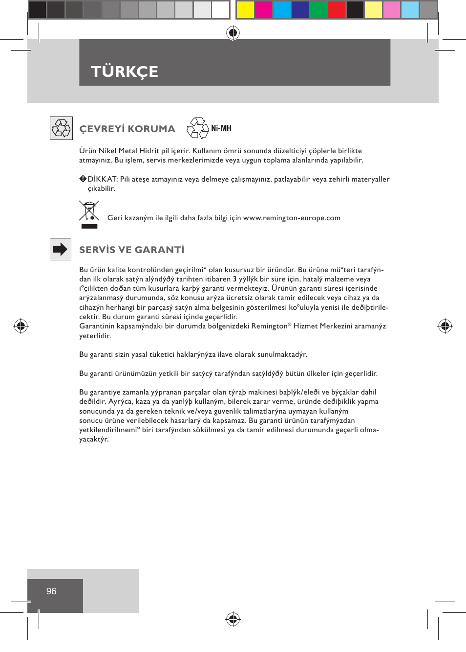Türkçe | Remington BHT2000 User Manual | Page 98 / 127