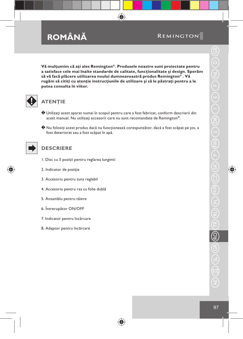 Română | Remington BHT2000 User Manual | Page 99 / 127