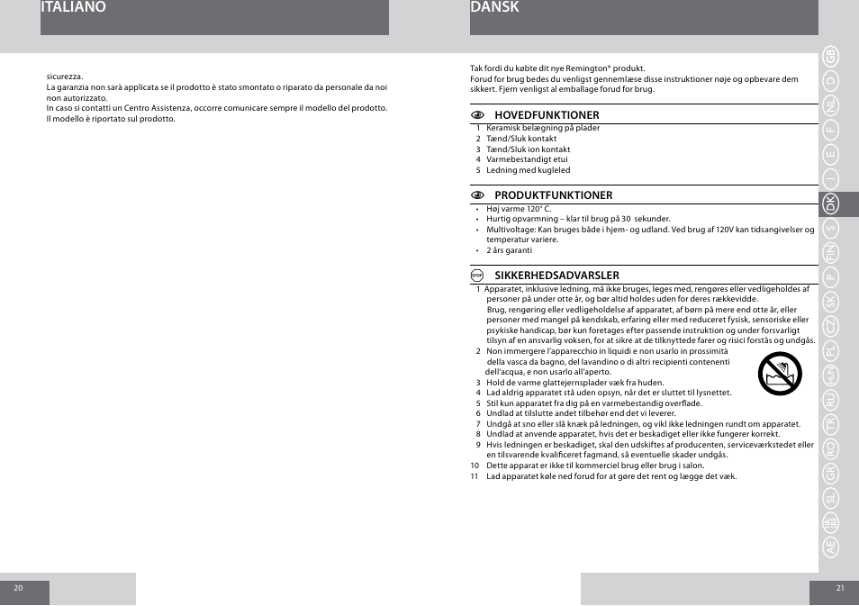 Dansk italiano | Remington S1001GPV User Manual | Page 11 / 34