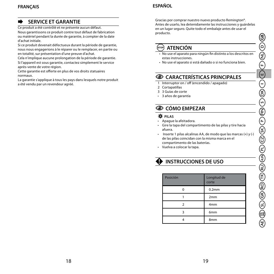 18 19 e, Service et garantie, Atención | Características principales, Cómo empezar, Instrucciones de uso | Remington BHT6100 User Manual | Page 10 / 41