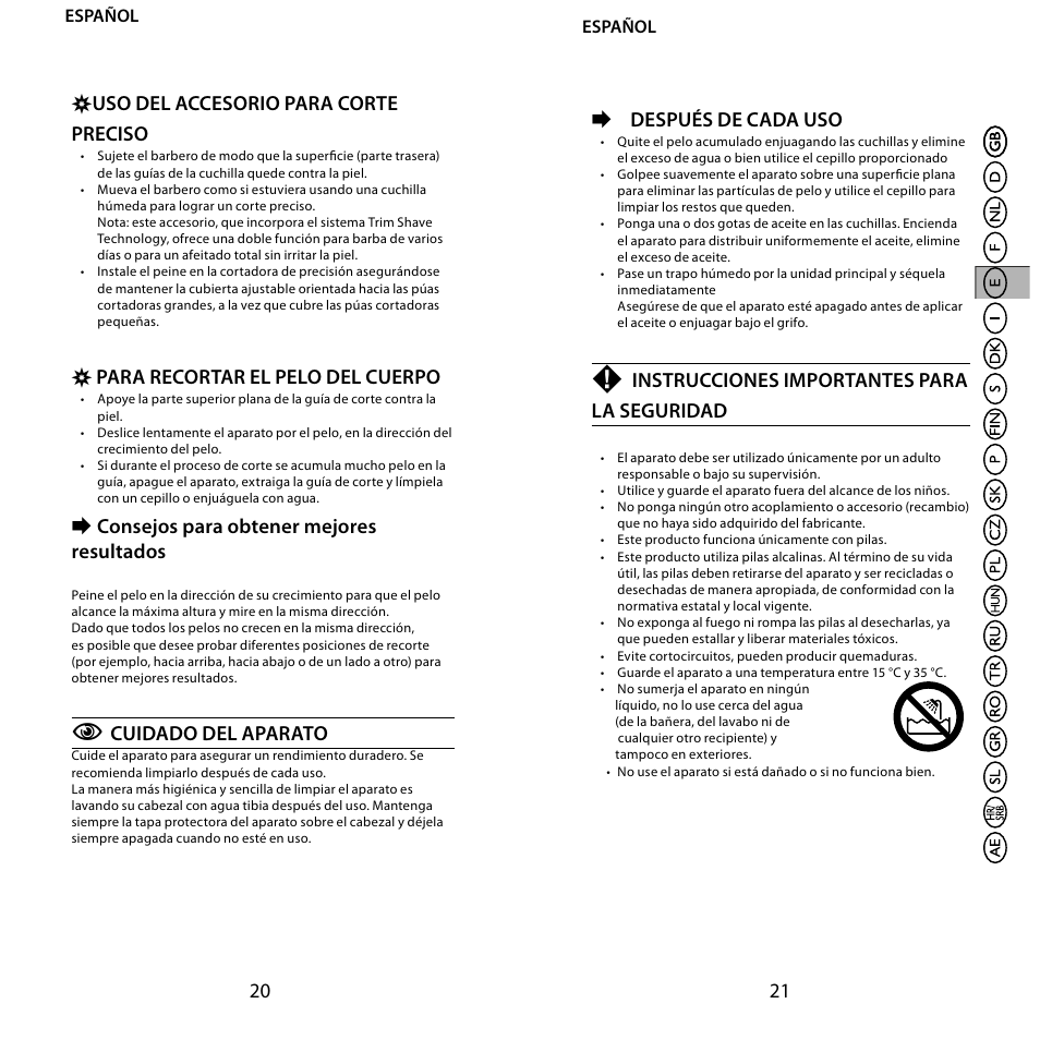 20 21 , uso del accesorio para corte preciso, Para recortar el pelo del cuerpo, Consejos para obtener mejores resultados | Cuidado del aparato, Después de cada uso, Instrucciones importantes para la seguridad | Remington BHT6100 User Manual | Page 11 / 41