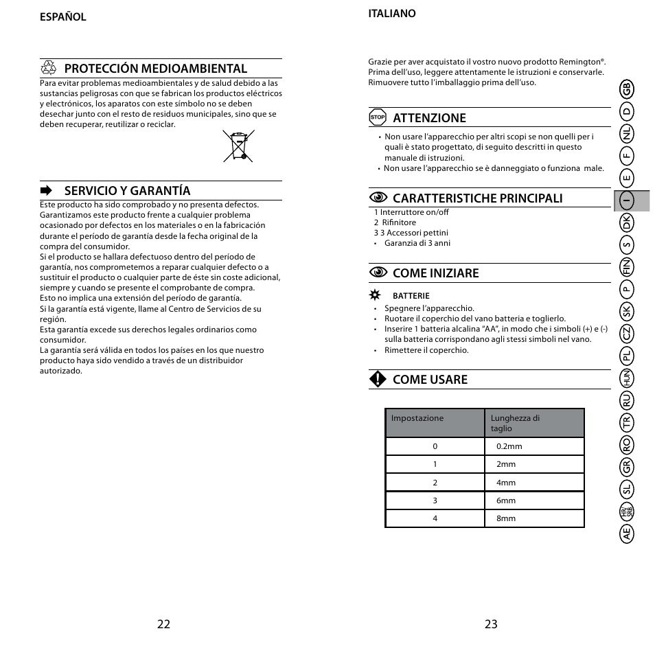 Protección medioambiental, Servicio y garantía, Attenzione | Caratteristiche principali, Come iniziare, Come usare | Remington BHT6100 User Manual | Page 12 / 41