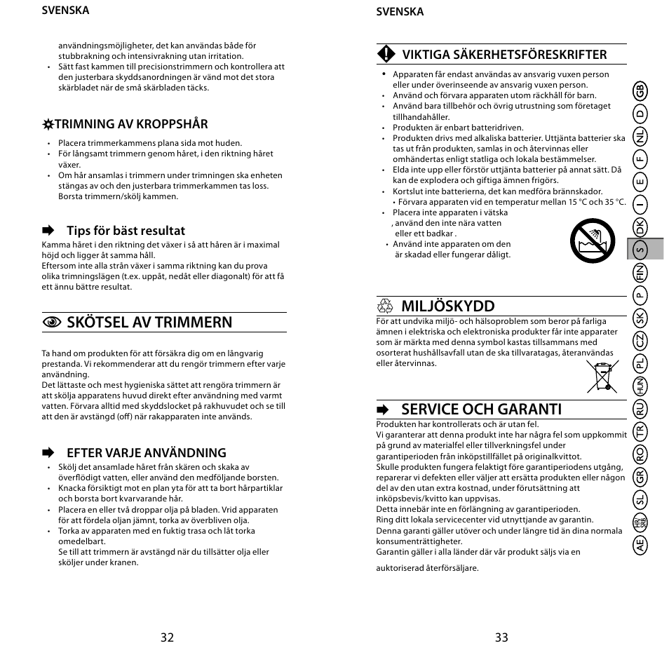 Cskötsel av trimmern, Hmiljöskydd, Service och garanti | Trimning av kroppshår, Tips för bäst resultat, Efter varje användning, Viktiga säkerhetsföreskrifter | Remington BHT6100 User Manual | Page 17 / 41