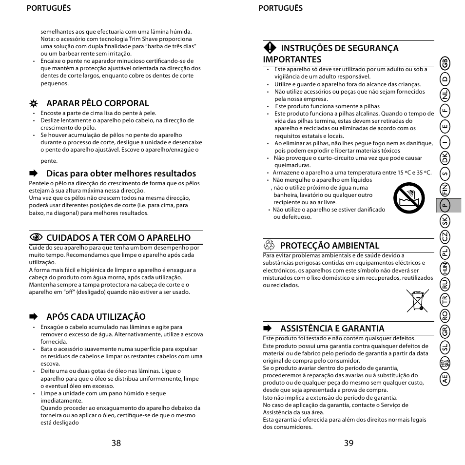 Aparar pêlo corporal, Dicas para obter melhores resultados, Cuidados a ter com o aparelho | Após cada utilização, Instruções de segurança importantes, Protecção ambiental, Assistência e garantia | Remington BHT6100 User Manual | Page 20 / 41