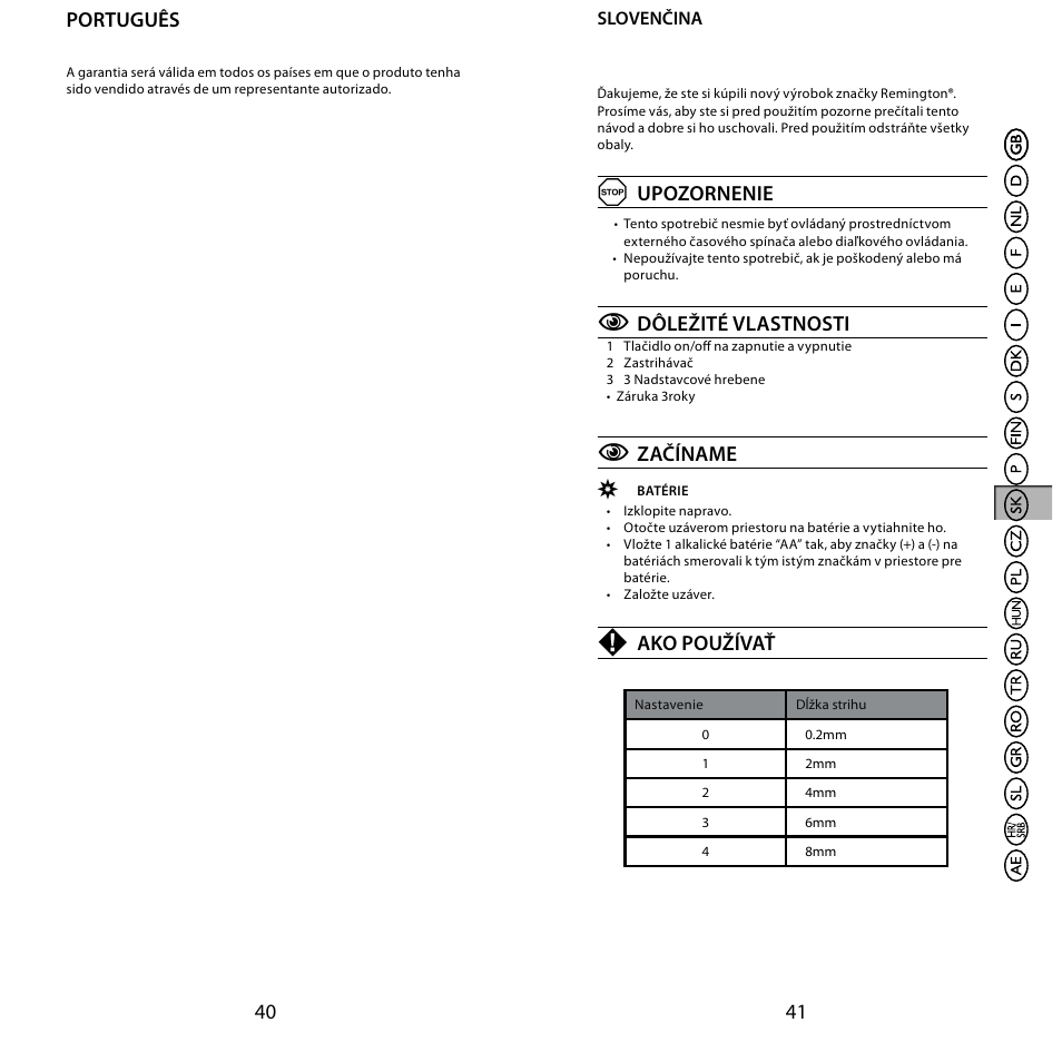 Português, Upozornenie, Dôležité vlastnosti | Začíname, Ako používať | Remington BHT6100 User Manual | Page 21 / 41