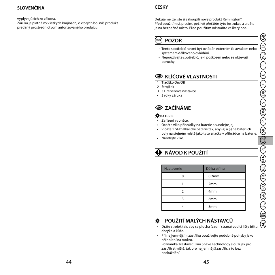 Pozor, Klíčové vlastnosti, Začínáme | Návod k použití, Použití malých nástavců | Remington BHT6100 User Manual | Page 23 / 41