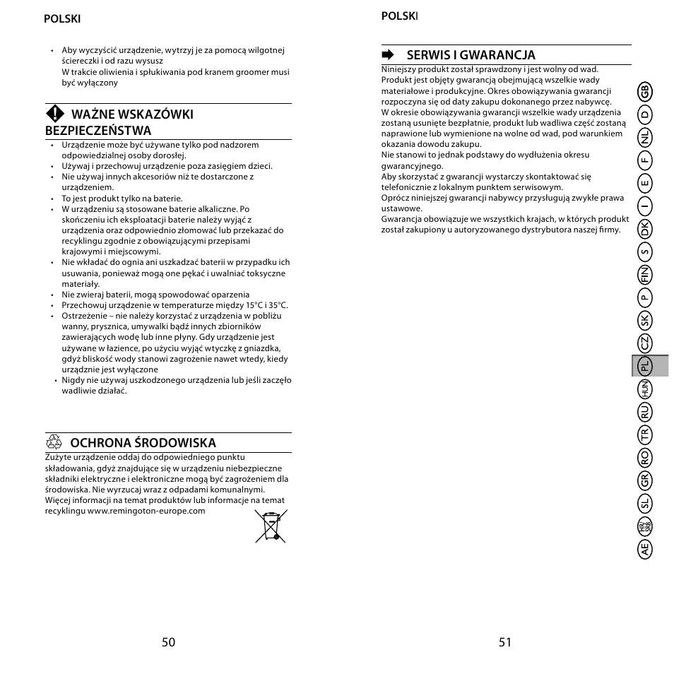 Ważne wskazówki bezpieczeństwa, Ochrona środowiska, Serwis i gwarancja | Remington BHT6100 User Manual | Page 26 / 41