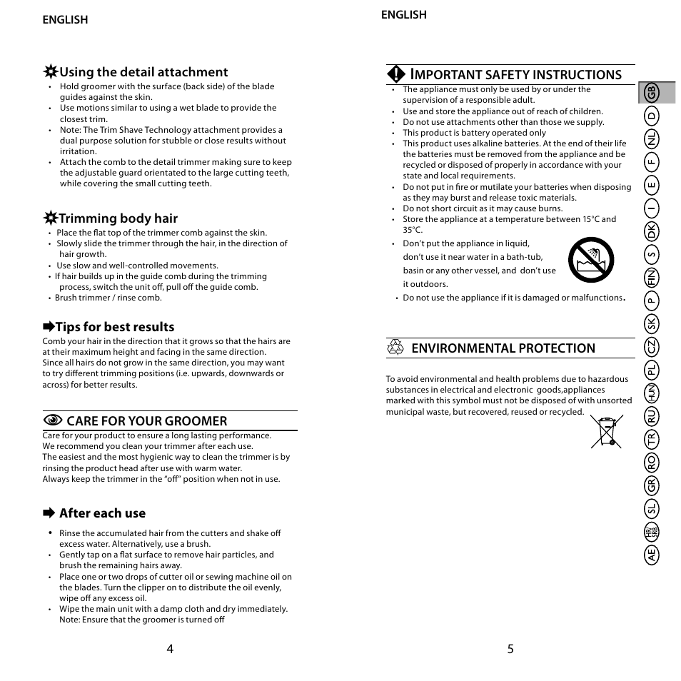 Using the detail attachment, Trimming body hair, Etips for best results | Care for your groomer, After each use, Mportant safety instructions, Environmental protection | Remington BHT6100 User Manual | Page 3 / 41