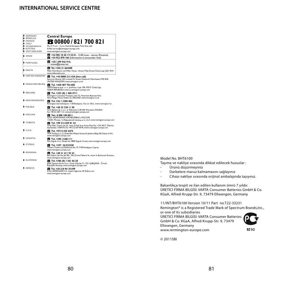 International service centre, Central europe | Remington BHT6100 User Manual | Page 41 / 41