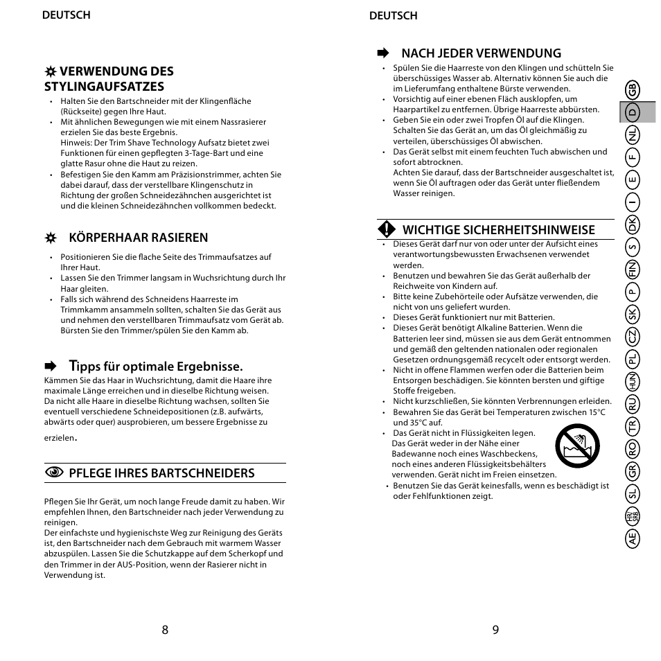 89 , verwendung des stylingaufsatzes, Körperhaar rasieren, Ipps für optimale ergebnisse | Pflege ihres bartschneiders, Nach jeder verwendung, Wichtige sicherheitshinweise | Remington BHT6100 User Manual | Page 5 / 41