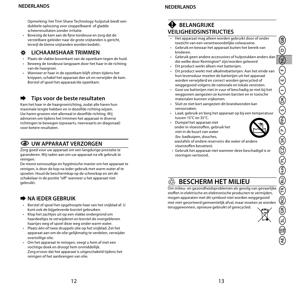 H bescherm het milieu, Lichaamshaar trimmen, Tips voor de beste resultaten | Uw apparaat verzorgen, Na ieder gebruik, Belangrijke veiligheidsinstructies | Remington BHT6100 User Manual | Page 7 / 41