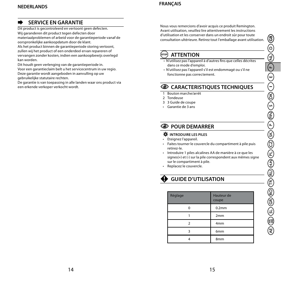14 15 e, Service en garantie, Attention | Caracteristiques techniques, Pour demarrer, Guide d’utilisation | Remington BHT6100 User Manual | Page 8 / 41