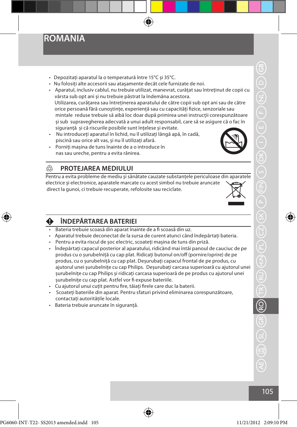 Romania, Hprotejarea mediului, Fîndepărtarea bateriei | Remington PG6060 User Manual | Page 105 / 140