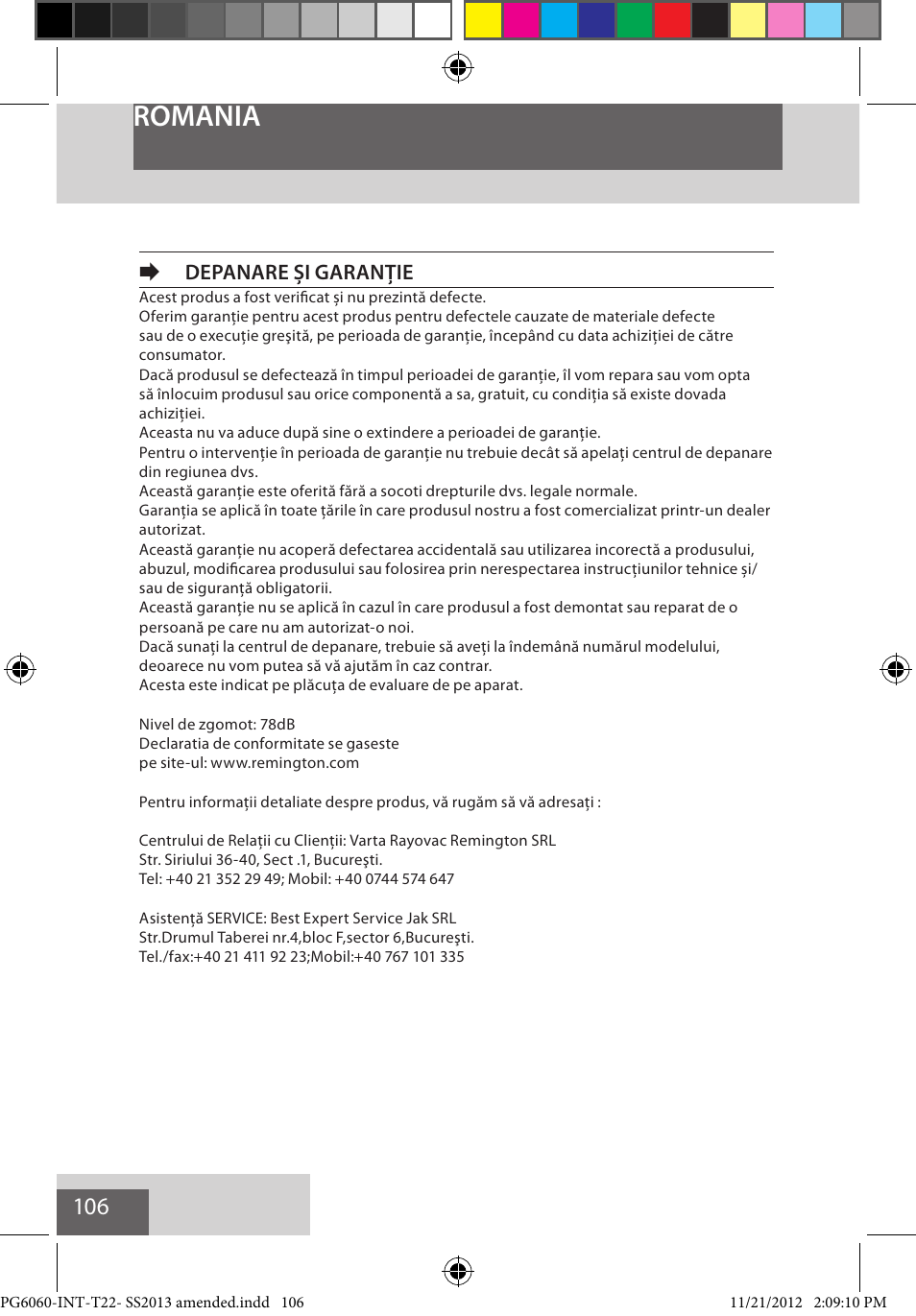 Romania, Edepanare și garanție | Remington PG6060 User Manual | Page 106 / 140