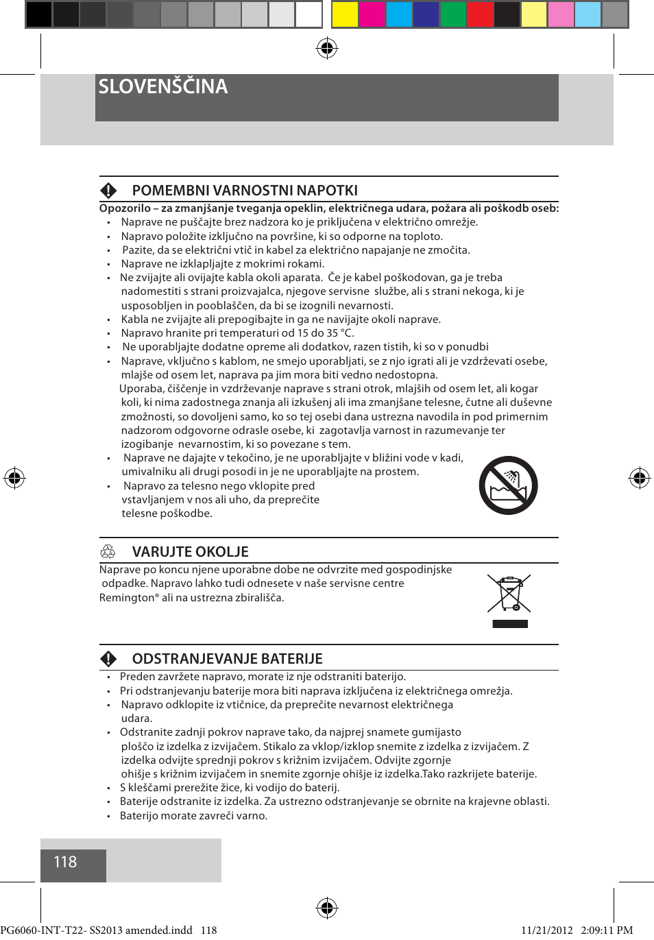 Slovenščina, Fpomembni varnostni napotki, Hvarujte okolje | Fodstranjevanje baterije | Remington PG6060 User Manual | Page 118 / 140