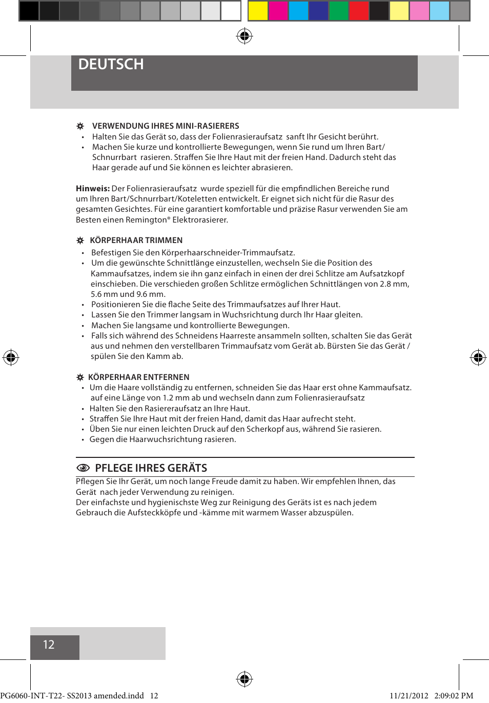 Deutsch, Cpflege ihres geräts | Remington PG6060 User Manual | Page 12 / 140