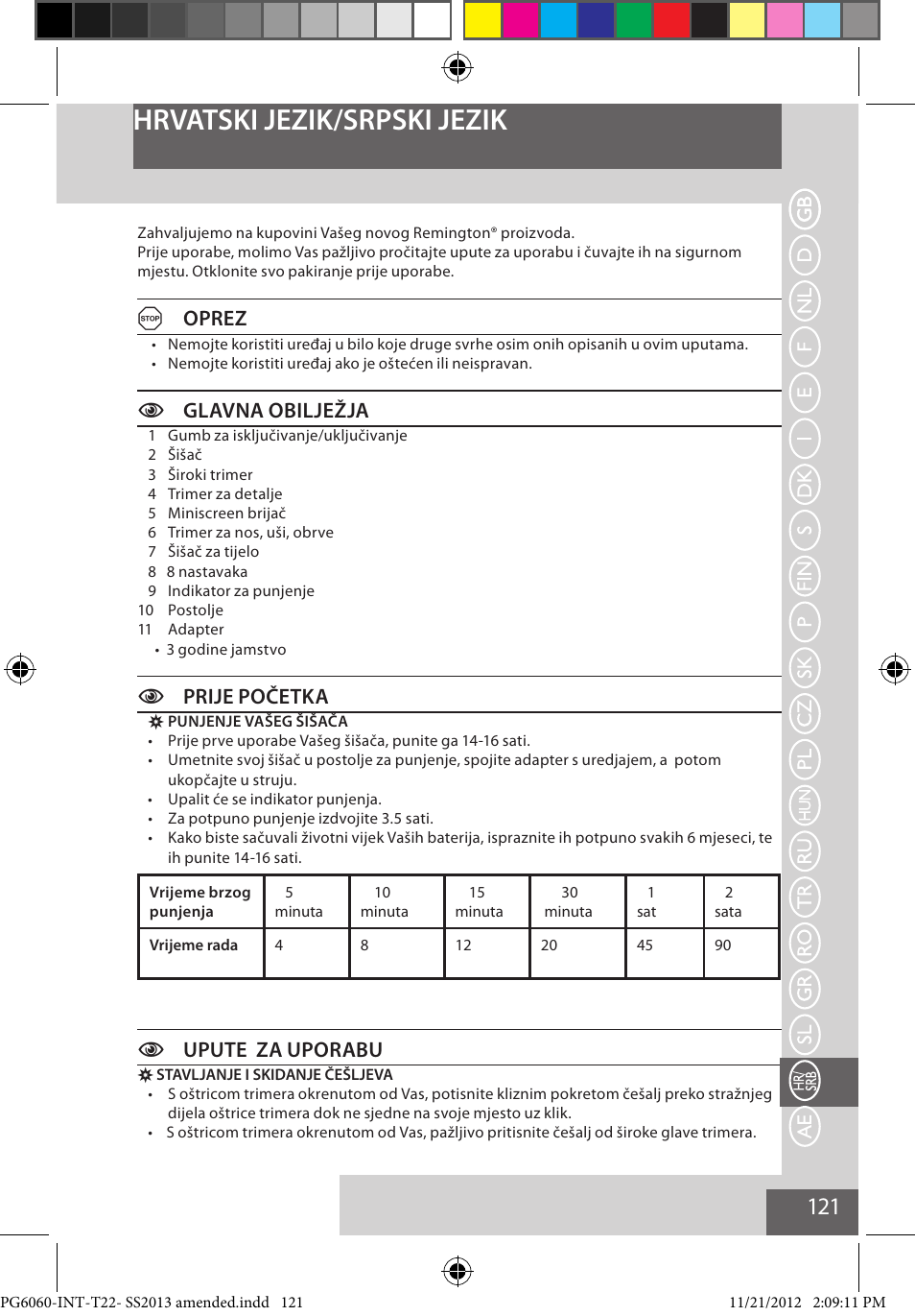 Hrvatski jezik/srpski jezik, Aoprez, Cglavna obilježja | Cprije početka, Cupute za uporabu | Remington PG6060 User Manual | Page 121 / 140
